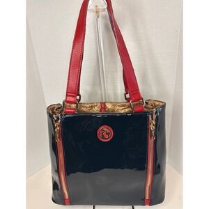 Spartina Navy Patent Leather Bag Red Trim Expandable Zippers Gold Hardware *note